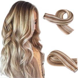 Tape in Extensions Human Hair, Straight Human Hair Extensions, 20Inch 20pcs/pack 50g Chestnut Brown to Blonde Remy Real Hair Extensions Silky Straight Highlight Seamless Glue in Brazilian Human Hair
