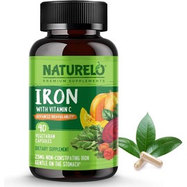 NATURELO NATURELO Iron Supplement with Vitamin C & Whole Foods - Gentle Iron Pills for Women & Men with Iron Deficiency Including Pregnancy, Anemia and Vegan Diets - 90 Mini Capsules | 3 Month Supply