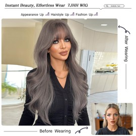 7JHH WIGS 28in Natural Grey Purple Long Wavy Bangs Wigs Natural Dark Grey Heat Resistant Synthetic Fiber Layered Wavy Women Wigs for Chrismas Daily Party Daily Used
