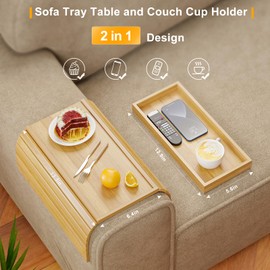 Bestjing Bamboo Sofa Arm Rest Tray Table for Couch - 2-in-1 Couch Arm Table with Be Slide Detachable Tray - Anti-Slip Foldable Sofa Armchair Caddy for Drinks Cup Cellphone TV Remote Snacks (Bamboo)