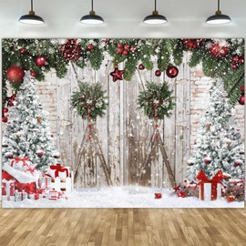 Msocio 10x8ft Polyester Christmas Photography Backdrop Winter White Barn Wood Door Brick Wall Christmas Tree Background for Xmas Festival New Year Holiday Party Decoration Banner Photo Studio Props