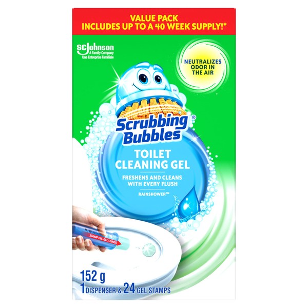 Scrubbing Bubbles Fresh Gel Toilet Cleaning Stamp, Rainshower Scent, Dispenser with 24 Gel Stamps