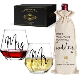 Vagafilla Mr Mrs Stemless Wine Glasses Gift Set 15oz, Couples Gifts for Bridal Shower Engagement Anniversary Wedding Shower Valentine's Day Birthday Christmas, 1 Pack Reusable Burlap Wine Bag-38
