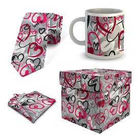 Ambesonne 4 Pcs Set Gift for Men, Love Tie Hankerchief & Mug with Unique Box Xmas Birthday Gifts for Him Boss Husband Boyfriend Coworker, Romantic Random Hearts, Multicolor