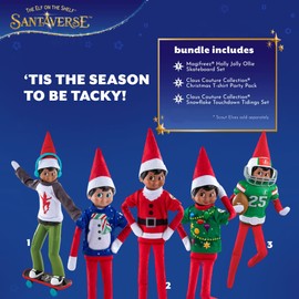 Scout Elf On The Shelf Clothes & Accessories Bundle - 1x Christmas T-Shirt Party Pack, 1x Snowflake Touchdown Tidings Set & 1x Holly Jolly Ollie Skateboard Set - Boy Elf Clothes Outfits