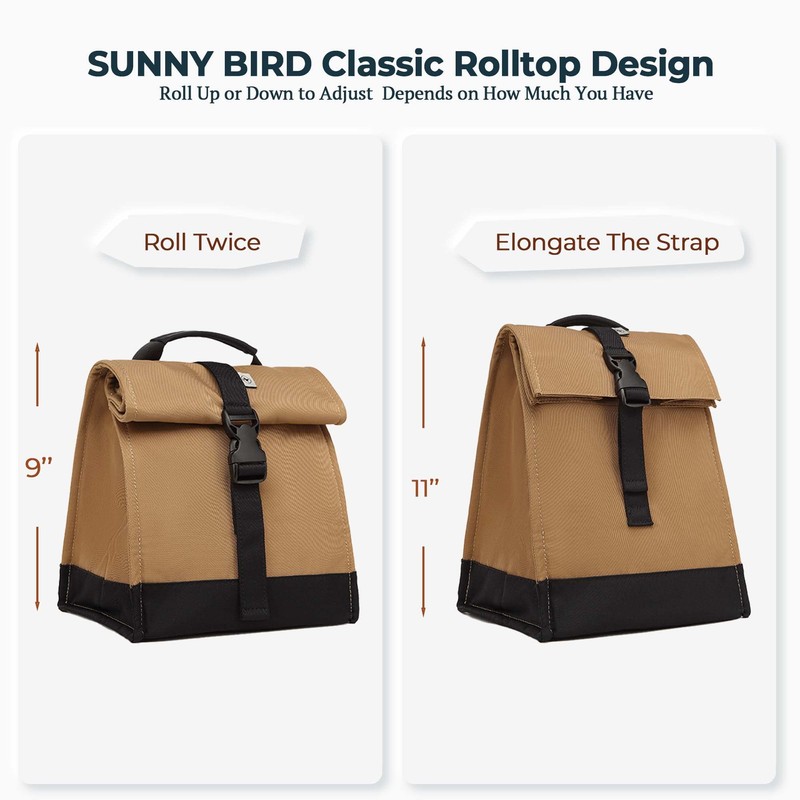 SUNNY BIRD Insulated Lunch Bag Rolltop Lunch Box Tote Bag