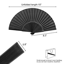 Quacc 2 PCS Black Folding Hand Held Fans Light Strong Thin Fabric Chinese Handheld Tai Ji Fan for Men and Women, Wedding, Dance, Kungfu, Martial Art, Decorations, Party Favor, Gift
