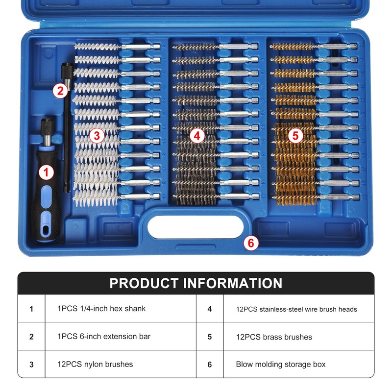 38pc 1/4" Hex Shank Long Industrial Wire Brush Set