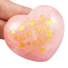 KYEYGWO Natural Worry Gemstone Carved Puffy Heart with Letters for Mom, Rose Quartz Reiki Healing Crystal Love Stone for Collection Decoration Meditation Balancing 1.7"