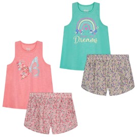 Sleep On It Girls Pajamas Short Sets 2 Piece Sleepwear Shirt and and Shorts for Kids (10-12, Coral-Aqua)