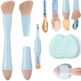 Viaje rochas para maquillaje, Brochas de Viaje, 4 en 1 Juego de brochas de maquillaje, brocha para base de doble punta para base, corrector, cejas, sombra de ojo, con 2 esponjas cosméticas (Azul)