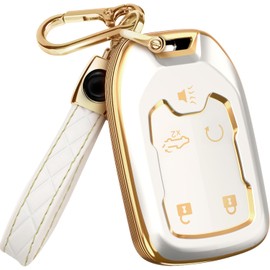 Lucrum Compatible with Chevy & GMC Key Fob Cover & Leather Keychain, 5 Buttons Keyfob Case for Acadia Sierra Silverado Tahoe Terrain Yukon (2014-2023) - White and Gold
