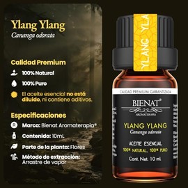 BIENAT AROMATERAPIA Aceite Esencial de Ylang Ylang 10mL | 100% Puro y Concentrado | Ideal para Difusor de Aromas, Humidificador, Aromaterapia, Masajes, Meditación, Jabones y Velas | Esencia Natural en Gotas