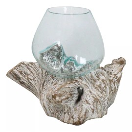 Ebros Gift Balinese Handicraft Natural Driftwood With Hand Blown Molten Glass Bowl 9"L
