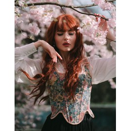 Scarlet Darkness Women Vintage Floral Print Corset Top Lace Up Renaissance Bustier Apricot Floral Size 14