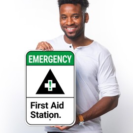 Emergency First Aid Station Sign, 12x18 Inches, 55 mil Thick HDPS (high Density polystyrene), Made in USA