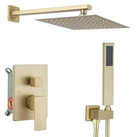 Heable Brushed Gold Shower System 10 Inches Bathroom Luxury Rain Shower Head with Handheld Combo Set Wall Mounted High Pressure Rainfall Shower Head System Shower Faucet Set with Valve and Trim