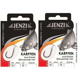 Set: 2 packs of tied hooks carp by Jenzi, all-round hooks, carp (20 pieces) on mono line leader ready + free Petri Heil! sticker (hook size 2)