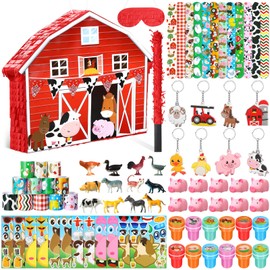 Pasimy 69 Pcs Farm Pinata Animal Theme Party Favor Fiesta Farm Barnyard Pinata Blindfold Stick Stamper Sticker Slap Bracelet Keychain Figure Rubber Pig for Fiesta Birthday Party Supplies Carnival Gift