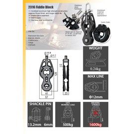 Blue Shark: 57mm Single Swivel Fiddle Aluminum Sailing Block Choose Quantity (1-Pack) 2316