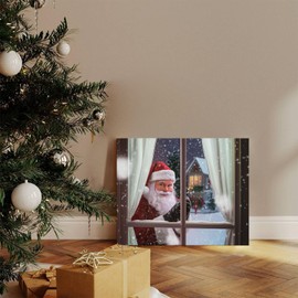 Christmas Canvas Wall Art, Santa Claus Outside Window Oil Painting Home Decor, Vintage Christmas Gifts Poster Print, Winter Holiday Artwork for Bedroom Living Room, Framed 8x10“