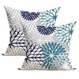 Navy Blue and Teal Gray Dahlia Throw Pillow Covers 18x18 Inch Spring Summer Outdoor Geometric Flower Decorative Pillows Cover Set of 2 Modern Farmhouse Linen Pillowcase for Bed Couch Sofa Decor