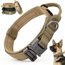 Collar de perro Táctico, Collar de Perro de Nailon Militar Grueso, Collar de Perro con Asa, Hebilla de Collar de Perro de Metal Elástico Ajustable, para Entrenamiento, Caminar, Caza, Accesorios de Entrenamiento de Perros (Caqui-M)