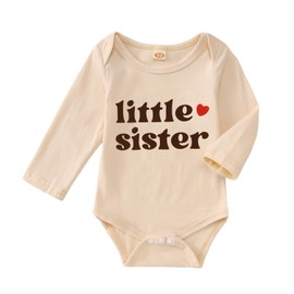 SOFEON Little Sister Onesie Bodysuit Baby Girl Long Sleeve Romper Newborn Little Sis Bodysuit Infant Sibling Outfits 0-18M(Apricot,12-18M(100))