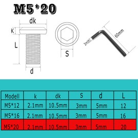 YFLeomry Pack of 40 Flat Head Screws M5 x 20 mm Screws Black Rounded Head Screws Stainless Steel A2 V2A Hexagon Socket Flat Head Full Thread M5 Screws with Wrench for Assembly Maintenance