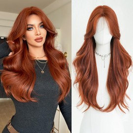 7JHHWIGS 28in Auburn Red Long Wavy Curatain Bangs Wigs Natural Reddish Brown Heat Resistant Synthetic Fiber Women Long Wacy Curly Wigs for Chrismas Daily Party Daily Used