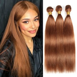 Light Brown Straight Human Hair Bundles Color #30 Human Hair Brown Straight Bundles 14 16 18 inch Brazilian Human Hair Extensions Wet and Wavy Bundles Silky Soft For Black Women