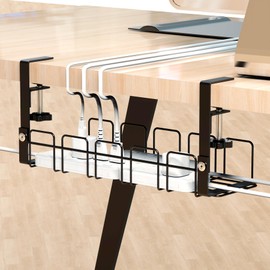 Under Desk Cable Management Tray Black, No Drill Desk Heavy Steel Under Desk Organizer with Clamps for Office/Home, Home Office Essentials