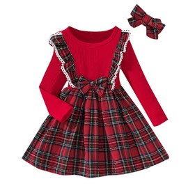 YCharu Christmas One-Piece Kids Children's Santa Dress with Headband 2 Piece Set Autumn Winter Santa Costume Halloween Cosplay Costume Christmas Costume Santa Claus Girls Performance Clothes Party Recital Going Out School Red Green (Red, 6Y/130cm)