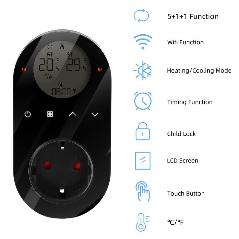 WiFi Digital Thermostat Outlet Plug 16A Outlet Tuya App Voice