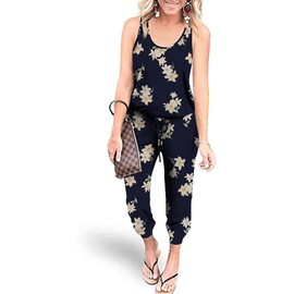 PCEAIIH Women's One Piece Jumpsuit Casual Loose Sleeveless Tank Overalls Elastic Waist Stretchy Romper with Pockets XL Navy Lily