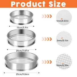 3 PCS Soil Sifter Set with 5mm, 3mm, 1mm Mesh Stainless Steel Riddle Sieve Set for Rocks Sand Compost Sieve for Gardening, Bonsai, Beach, and Grave