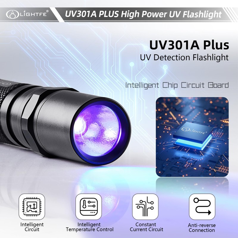 LIGHTFE Blacklight 395nm UV Flashlight UV301A-Plus with SSC UV LED,