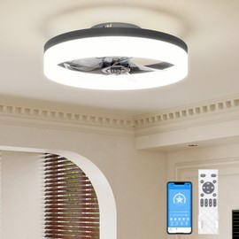 VOLISUN Low Profile Ceiling Fans with Lights and Remote, 15.7in Fandelier Ceiling Fan with Light, 3000K-6500K Dimmable Bladeless LED Fan Light, Black Flush Mount Ceiling Fans with Lights for Bedroom