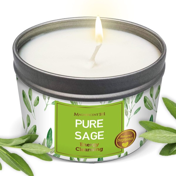 Magnificent 101 Long Lasting Pure Sage Smudge Candle | 6 Oz - 35 Hour Burn Time | All Natural & Organic Soy Wax Candle with Essential Oils for House Energy Cleansing, Aromatherapy & Manifestation