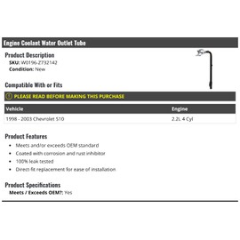 Marketplace Auto Parts Engine Coolant Water Outlet Tube - Compatible with 1998-2003 Chevy S10 2.2L 4-Cylinder