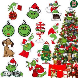 AOWVUTS Pack of 24 Grin-ch Christmas Tree Decorations, Grin-ch Decoration Hanging Ornament, Christmas Decorations with Cord, Funny Christmas Tree Decorations for Home, Festive Parties, Holidays