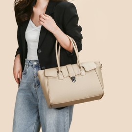 Eslcorri Top Handle Tote Bags for Women Large Shoulder Purse for Working PU Leather Crossbody Flap Satchel Handbag Elegant Hobo Everyday Bag Trendy Go Out Pocketbook, Gift to Mom Wife -Beige