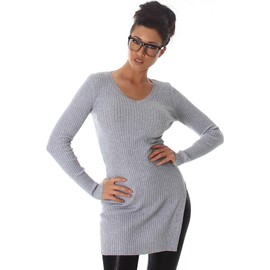 Voyelles Women's Long Jumper Stretch Long Sleeve Plain Fine Rib Leg Slit Hip Slit, Side slit, grey