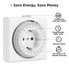 G-Homa G-Homa Mechanische Zeitschaltuhr Steckdose, Analoge Zeitschaltuhr fr Innenbereich mit 96 Segmenten 15 min Schaltintervall, T?glicher EIN-/Aus-Zyklus, fr Weihnachtsdeko, Kindersicherung
