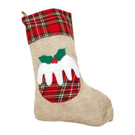 Trimming Shop Christmas Stockings Large Santa Xmas Pudding Printed Pattern Burlap Hessian Linen Sack Sock Hanging Bags For Fireplace Candy Gifts Bag Home Decoration Novelty Accessories, 1pc, 26 x 25cm