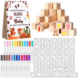 Dispowreath 125 Pcs Cowboy Baby Shower Games Sign Kit Decorate a Block Games Sign My First Rodeo Baby Shower DIY Wooden Blocks Prize Cubes Crafts for Western Gender Reveal Baby Shower Party Supplies