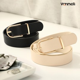 VONMELLI 2 Pack Women's Belts for Jeans Pants Fashion Gold Buckle Ladies Dress Belt Black Beige S