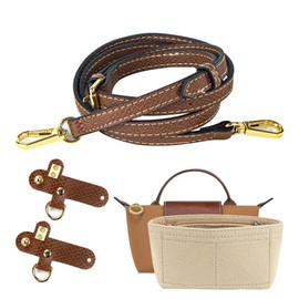 Adjustable Shoulder Strap and Felt Organiser Insert for Longchamp Mini Bag, Leather Replacement Strap without Holes with Multiple Compartments, Suitable for Mini Handbags, Beige and Brown, 1.2 cm