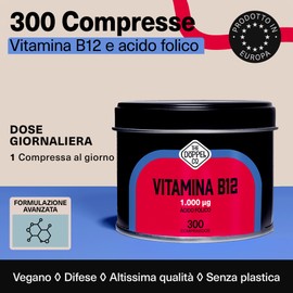 Vitamina B12 Vegana 1000 mcg + 400 mcg Acido Folico - 300 compresse - Vitamine per la Stanchezza e Affaticamento - Vitamine per il Sistema Immunitario e le Difese - Per 10 mesi - Senza Plastica