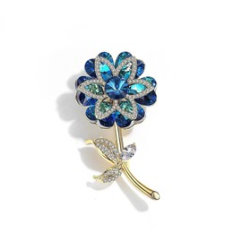 Rhinestone Flower Brooch Pin for Women Girls Gold Plated Blue Crystal CZ Covered Scarves Shawl Clip Brooches Boutonniere Pins Wedding Bouquets Kit
